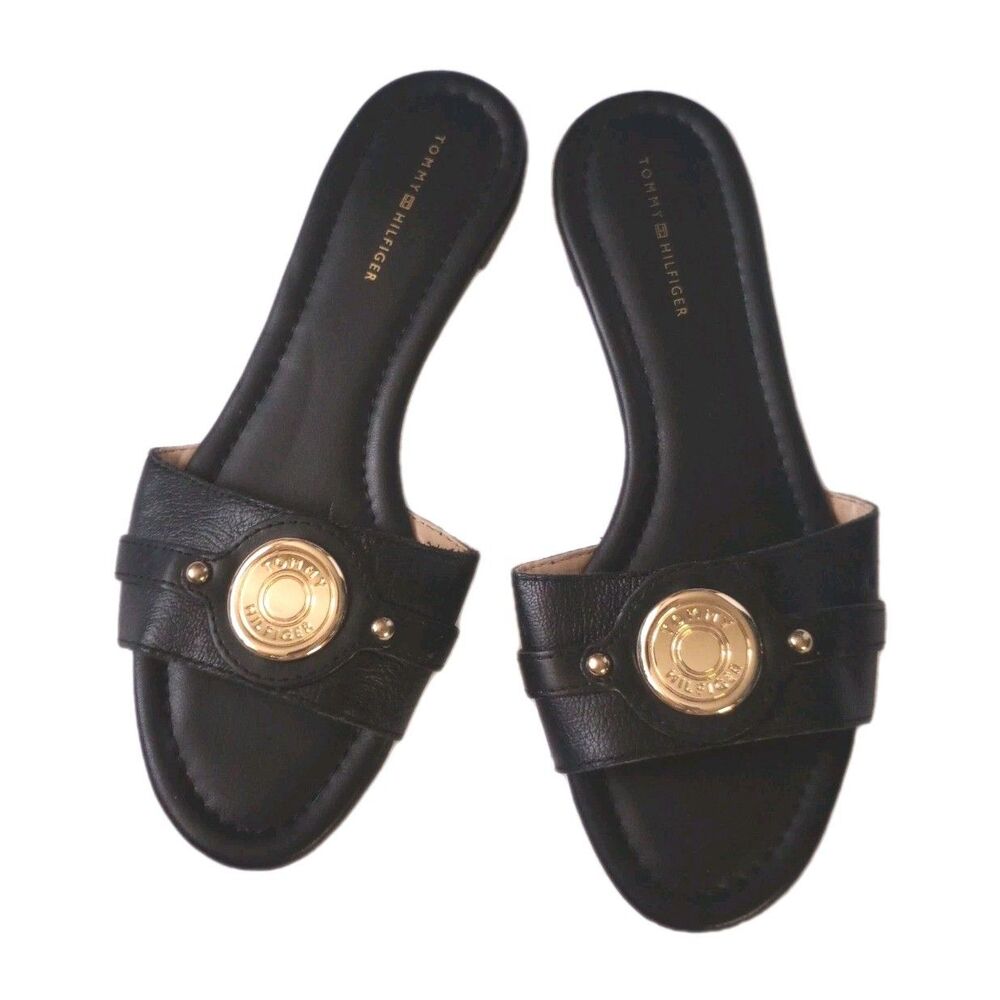 Tommy Hilfiger Black "Tricela" Flats Leather Slip Ons sz 8M Womens Sandals